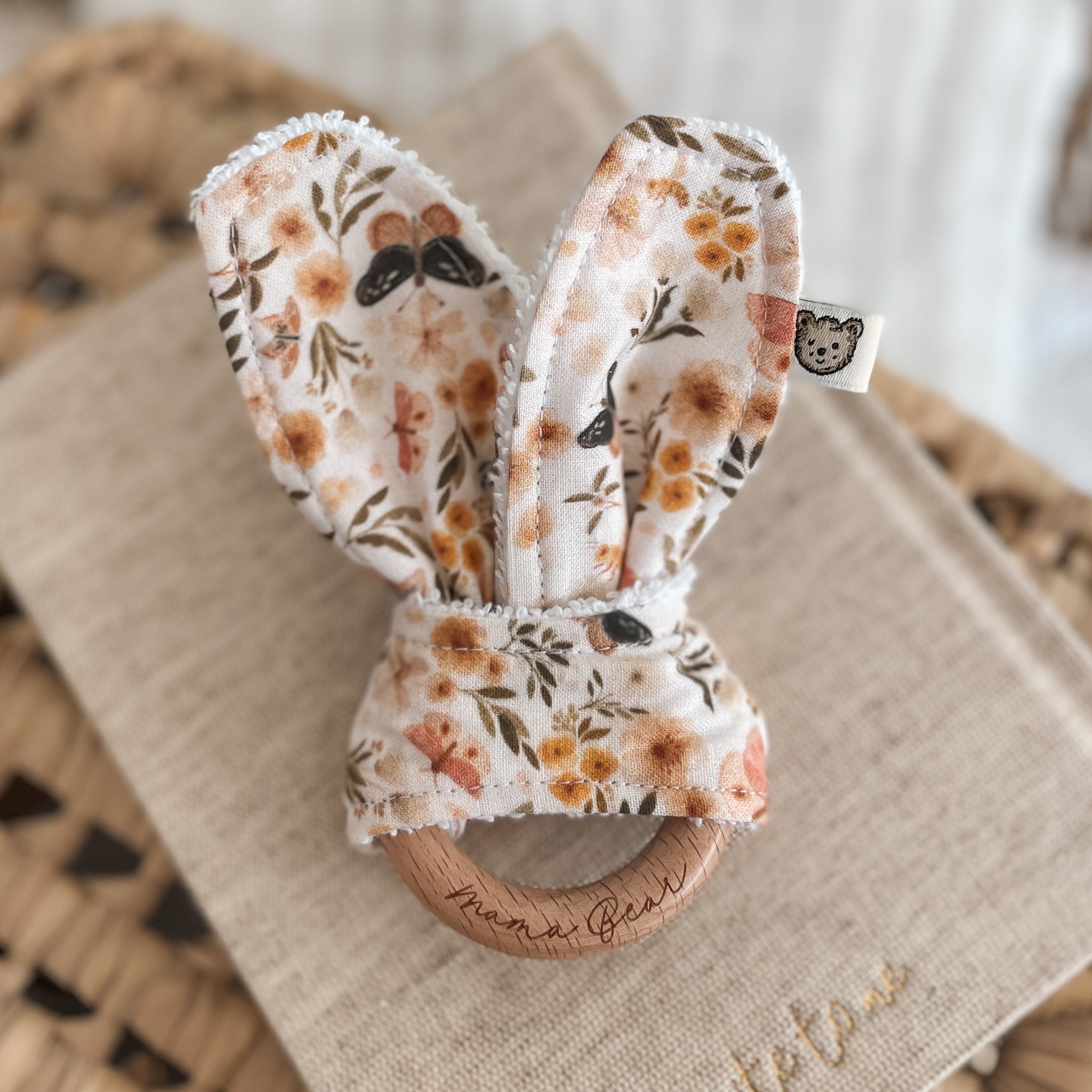 Natural wood & Bunny Ear Teething Ring - Butterfly Kisses – Mama Bear