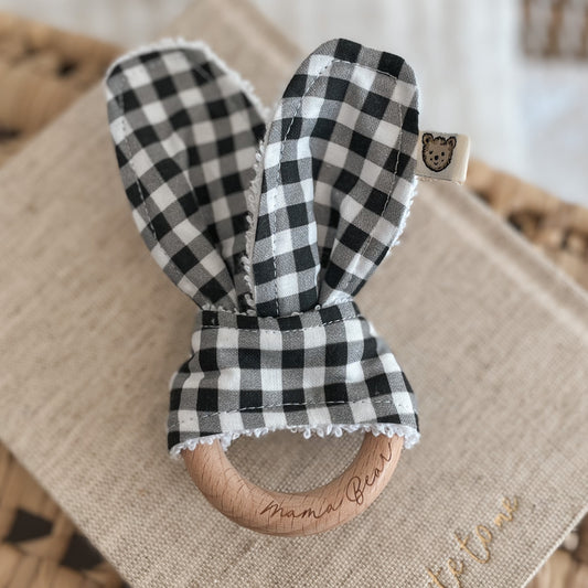 Natural wood & Bunny Ear Teething Ring - Black Gingham