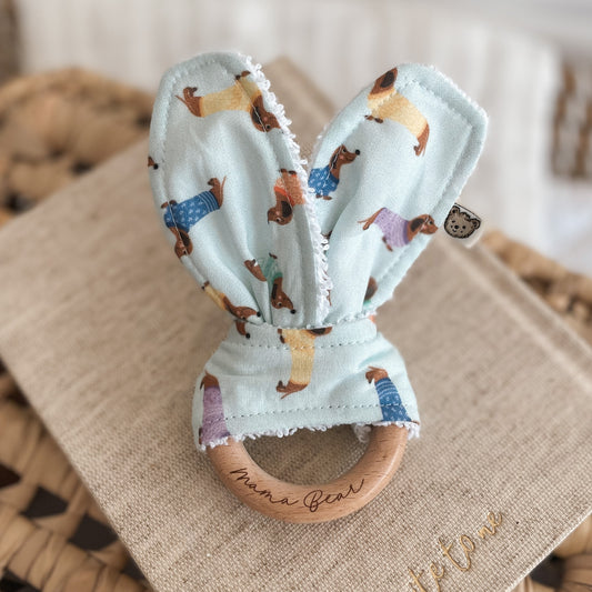 Natural wood & Bunny Ear Teething Ring - Pale Blue Sausage Dog