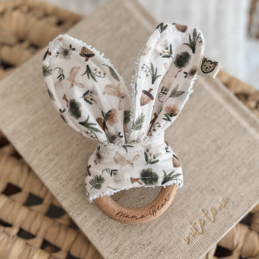 Natural wood & Bunny Ear Teething Ring - Acorn & Bunny