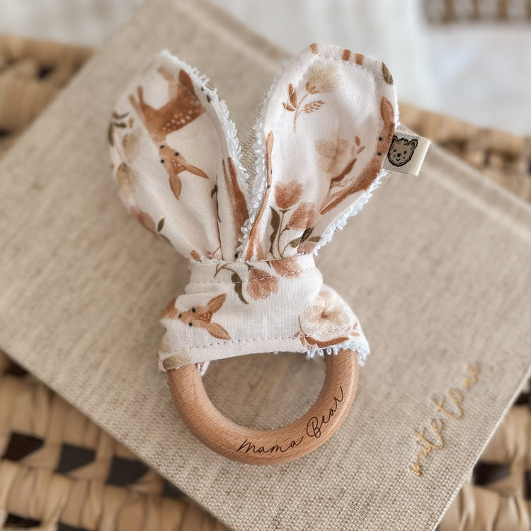 Natural wood & Bunny Ear Teething Ring - Little Deer