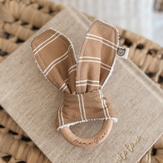 Natural wood & Bunny Ear Teething Ring - Caramel Stripe