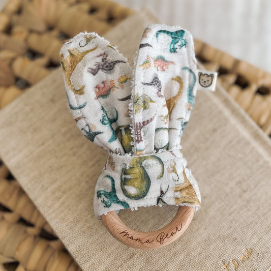 Natural wood & Bunny Ear Teething Ring - Dinosaurs