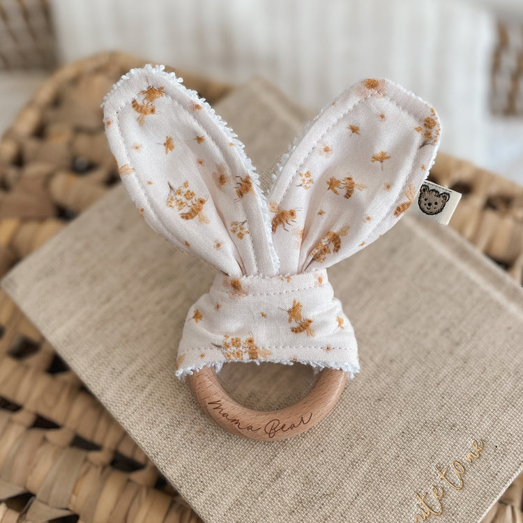 Natural wood & Bunny Ear Teething Ring - Floral Bees