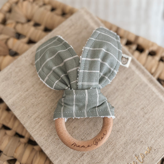 Natural wood & Bunny Ear Teething Ring - Sage Stripe