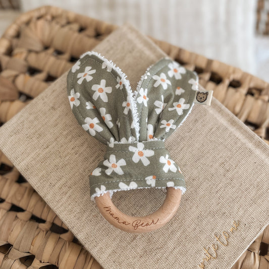 Natural wood & Bunny Ear Teething Ring - Sage Daisy