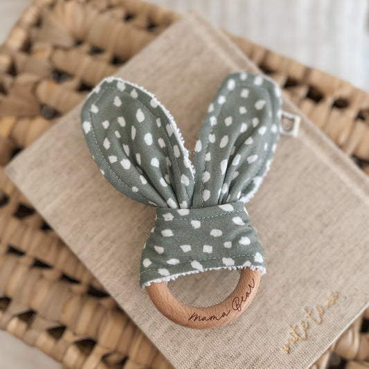 Natural wood & Bunny Ear Teething Ring - Sage Spot