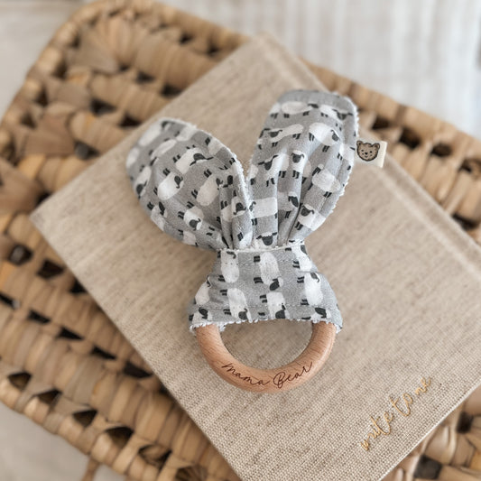 Natural wood & Bunny Ear Teething Ring - Grey Sheep