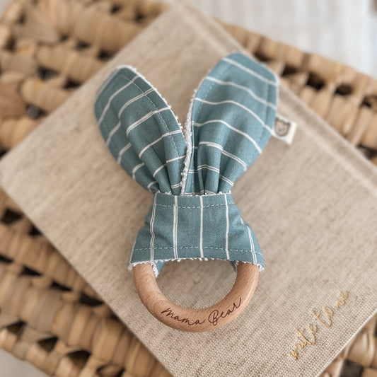 Natural wood & Bunny Ear Teething Ring - Blue Stripe