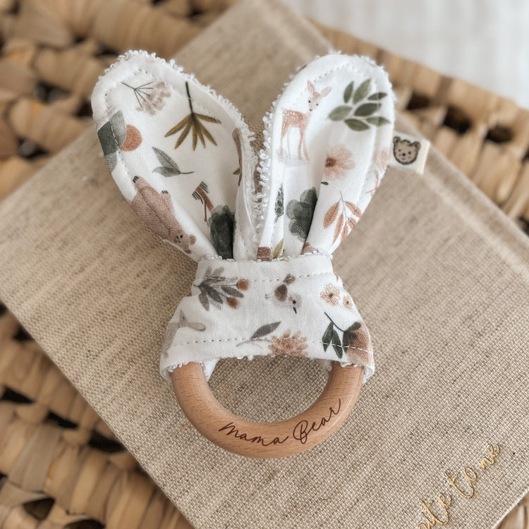 Natural wood & Bunny Ear Teething Ring - Woodland