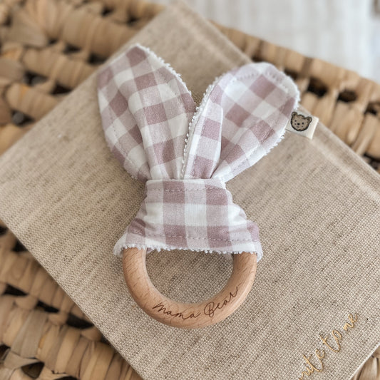 Natural wood & Bunny Ear Teething Ring - Lilac Gingham