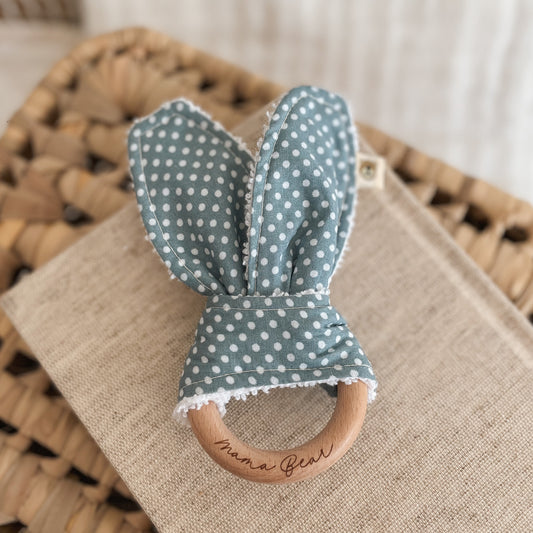 Natural wood & Bunny Ear Teething Ring - Blue/Grey Spot