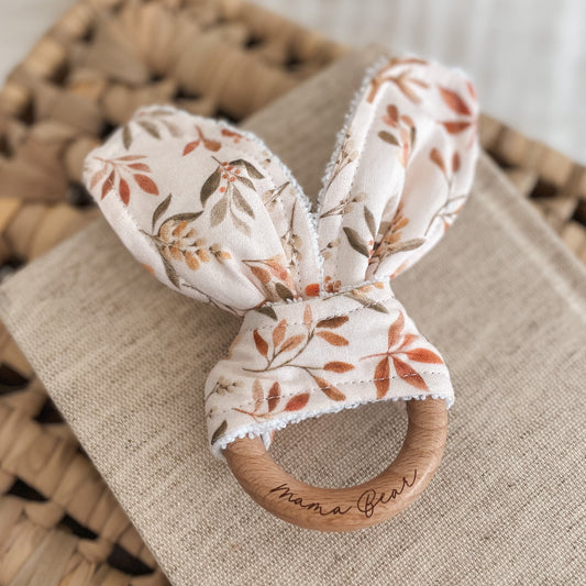 Natural wood & Bunny Ear Teething Ring - Evergreen