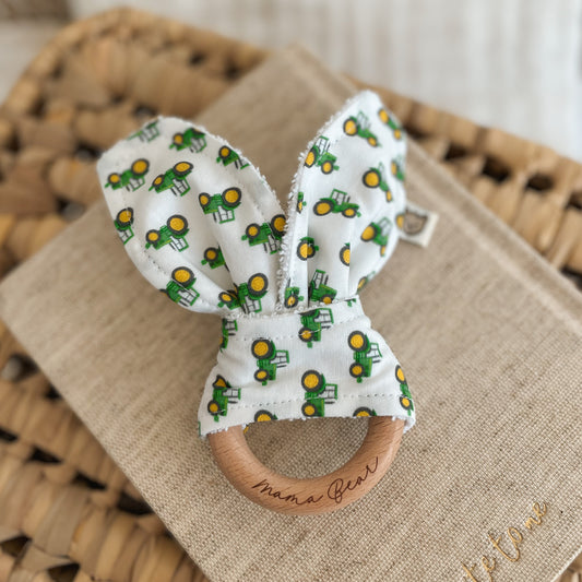 Natural wood & Bunny Ear Teething Ring - Green Tractors