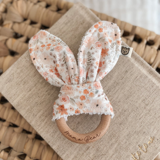 Natural wood & Bunny Ear Teething Ring - Bluebell