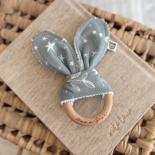 Natural wood & Bunny Ear Teething Ring - Midnight Stargazing