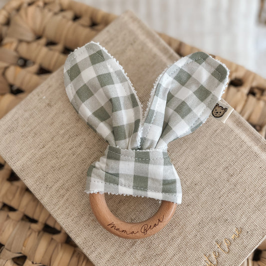 Natural wood & Bunny Ear Teething Ring - Sage Gingham