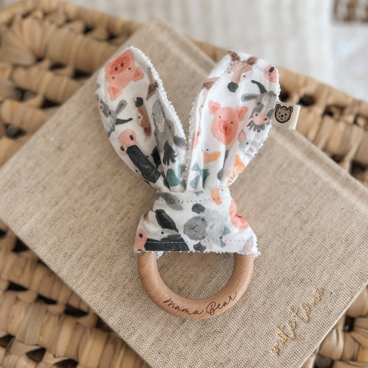 Natural wood & Bunny Ear Teething Ring - Farm Friends