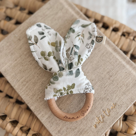 Natural wood & Bunny Ear Teething Ring - Eucalyptus