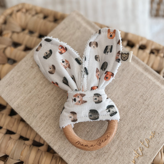 Natural wood & Bunny Ear Teething Ring - Micro Puppy