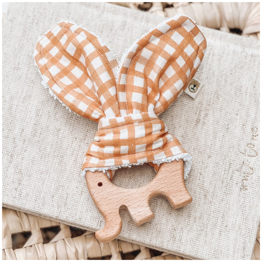 Natural wood & Bunny Ear Teething Ring - Golden Check