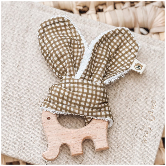 Natural wood & Bunny Ear Teething Ring - Green Check