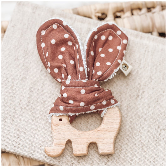 Natural wood & Bunny Ear Teething Ring - Rust Polka Dot