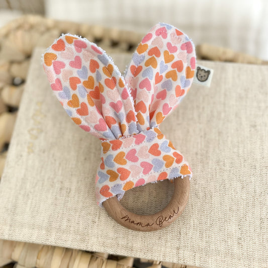 Natural wood & Bunny Ear Teething Ring - Mini Hearts