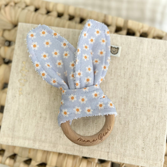 Natural wood & Bunny Ear Teething Ring - Periwinkle Daisy