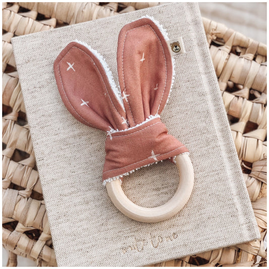 Natural wood & Bunny Ear Teething Ring - Rust Cross