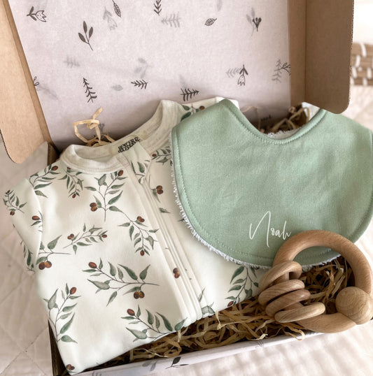 Personalised Baby Unisex Gift box | Olive leaves & Sage Green