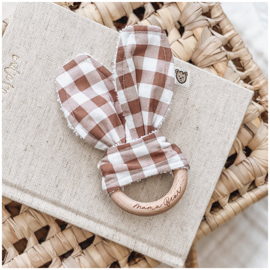 Natural wood & Bunny Ear Teething Ring - Choc Gingham